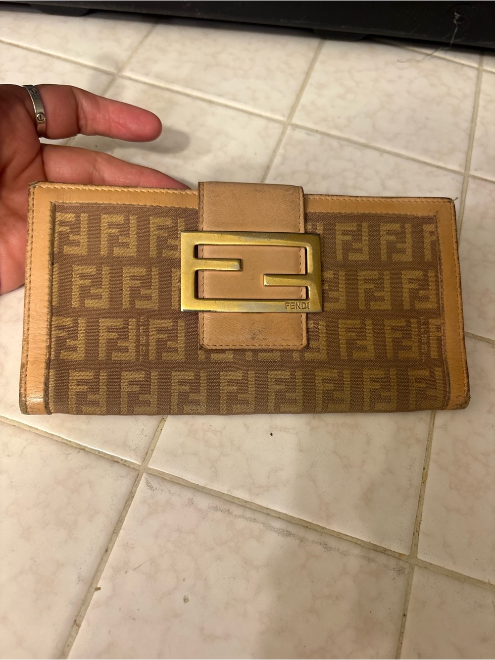 Fendi Tan Brown Zucca Continental Wallet with Gold-Tone FF Plaque